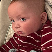 Mason joined the competition — help win amazing prizes! baby, infant, blanket, striped_clothing, red_clothing, blue_blanket, face, expression, hand, skin, person, indoor, seat, couch, head, young_child, portrait, looking, resting, cozy