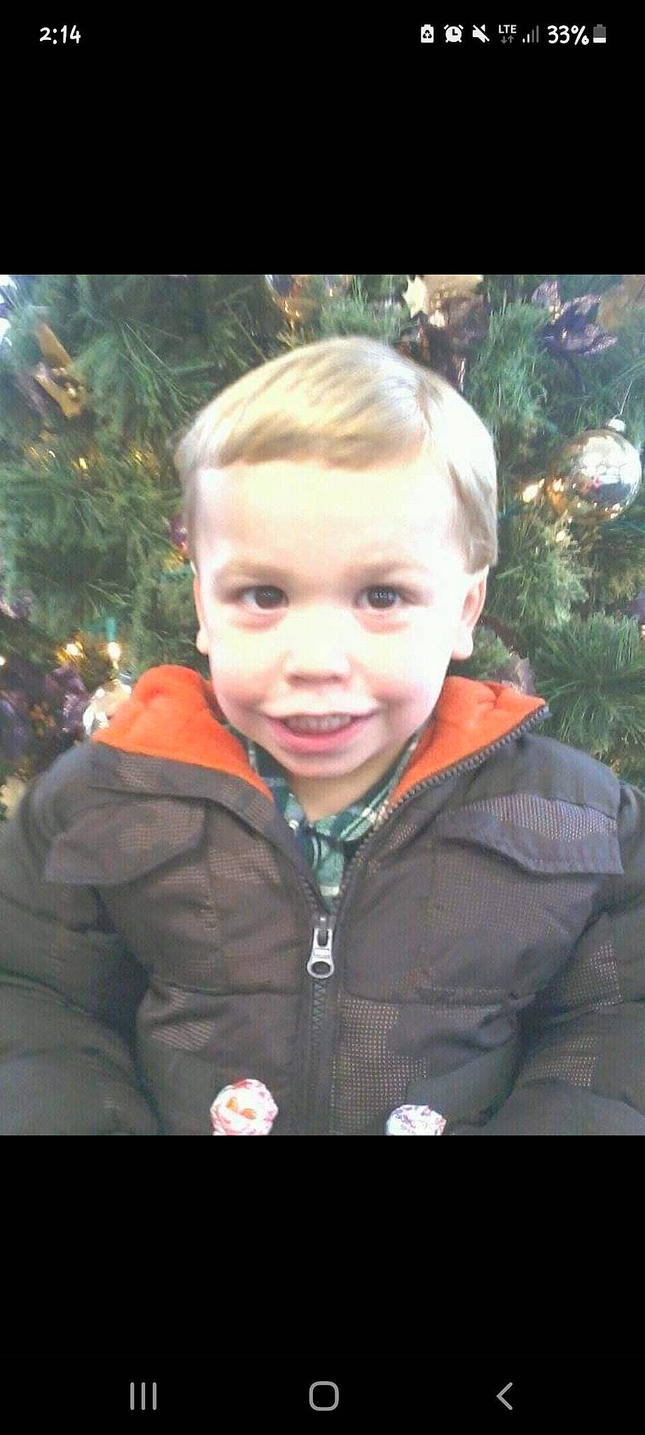 Maddox is registered to the contest to win money with this photo: cheek, chin, christmas_ornament, christmas_tree, cool, eye, flash_photography, fun, happy, head, iris, jacket, outerwear, people_in_nature, person, plant, sleeve, smile, toddler, tree