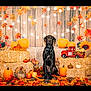 dog, black_dog, pumpkin, hay_bale, autumn_leaves, fall_decor, string_lights, wooden_background, toy_truck, thanksgiving, seasonal, orange, yellow, rustic, festive, indoor, decorations, sitting, portrait, holiday