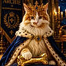 Archie is registered to the contest to win money with this photo: cat, fluffy_cat, orange_cat, white_cat, crown, royalty, monarch, cape, velvet, golden_bone, ornate, portrait, indoor, castle, manor, candles, warm_lighting, luxury, chair, fantasy