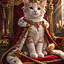 Archie joined the competition — help win amazing prizes! cat, crown, throne, royalty, cape, scepter, red_velvet, gold, jewels, fur_trim, kitten, regal, luxury, portrait, indoor, animal, feline, decor, ornate, costume