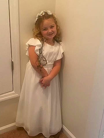 Adalynn joined the competition — help win amazing prizes! arm, blond, bridal_accessory, day_dress, dress, embellishment, event, formal_wear, gown, hair, happy, headpiece, jewellery, joy, long_hair, one_piece_garment, person, shoulder, sleeve, smile