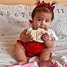 Ava joined the competition — help win amazing prizes! baby, child, infant, red_clothing, hair_bows, wooden_plaque, chewing, sitting, blanket, numbers, months, cute, indoor, portrait, face, chubby_cheeks, curious_eyes, soft_lighting, hands, feet