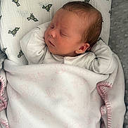Alexander is registered to the contest to win money with this photo: baby, sleeping, blanket, white_clothing, patterned_sheet, bird_pattern, infant, face, peaceful, soft_texture, pink_trim, newborn, resting, cute, child, cozy, wrapped, bed, indoors, human