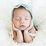 newborn, baby, sleeping, infant, face, hands, lace_bonnet, blanket, soft_texture, closeup, portrait, peaceful, cute, resting, tiny, skin, closed_eyes, headwear, white, cozy