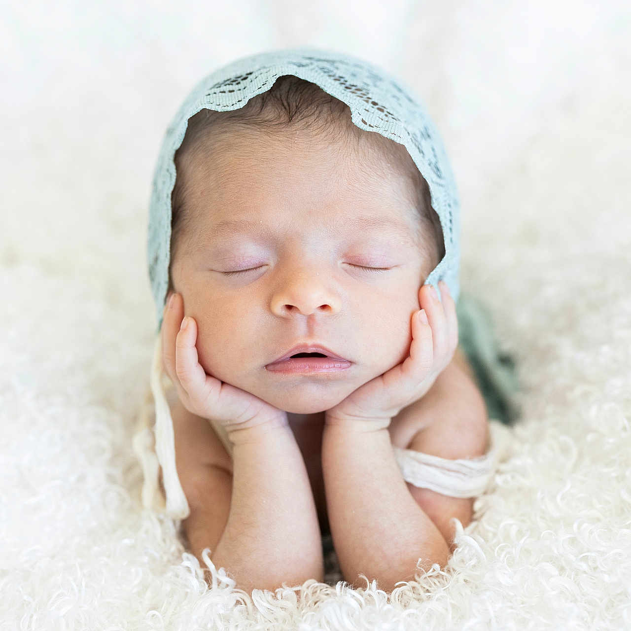 Layla Rose joined the competition — help win amazing prizes! baby, blanket, closed_eyes, closeup, cozy, cute, face, hands, headwear, infant, lace_bonnet, newborn, peaceful, portrait, resting, skin, sleeping, soft_texture, tiny, white