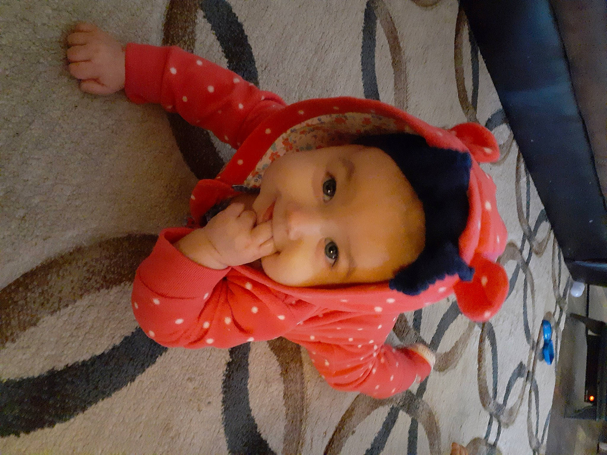 Alaina is registered to the contest to win money with this photo: baby, baby_products, baby_safety, baby_toddler_clothing, carmine, cheek, child, costume, eye, fun, headgear, human_body, lip, mouth, nose, person, room, skin, smile, toddler