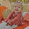 Zaliyah joined the competition — help win amazing prizes! autumn, baby, backyard, blanket, bow, carpet, child, dress, elephant_toy, fence, knitted_toy, outdoor, playroom, portrait, pumpkins, sitting, smiling, socks, stuffed_animal, sunlight