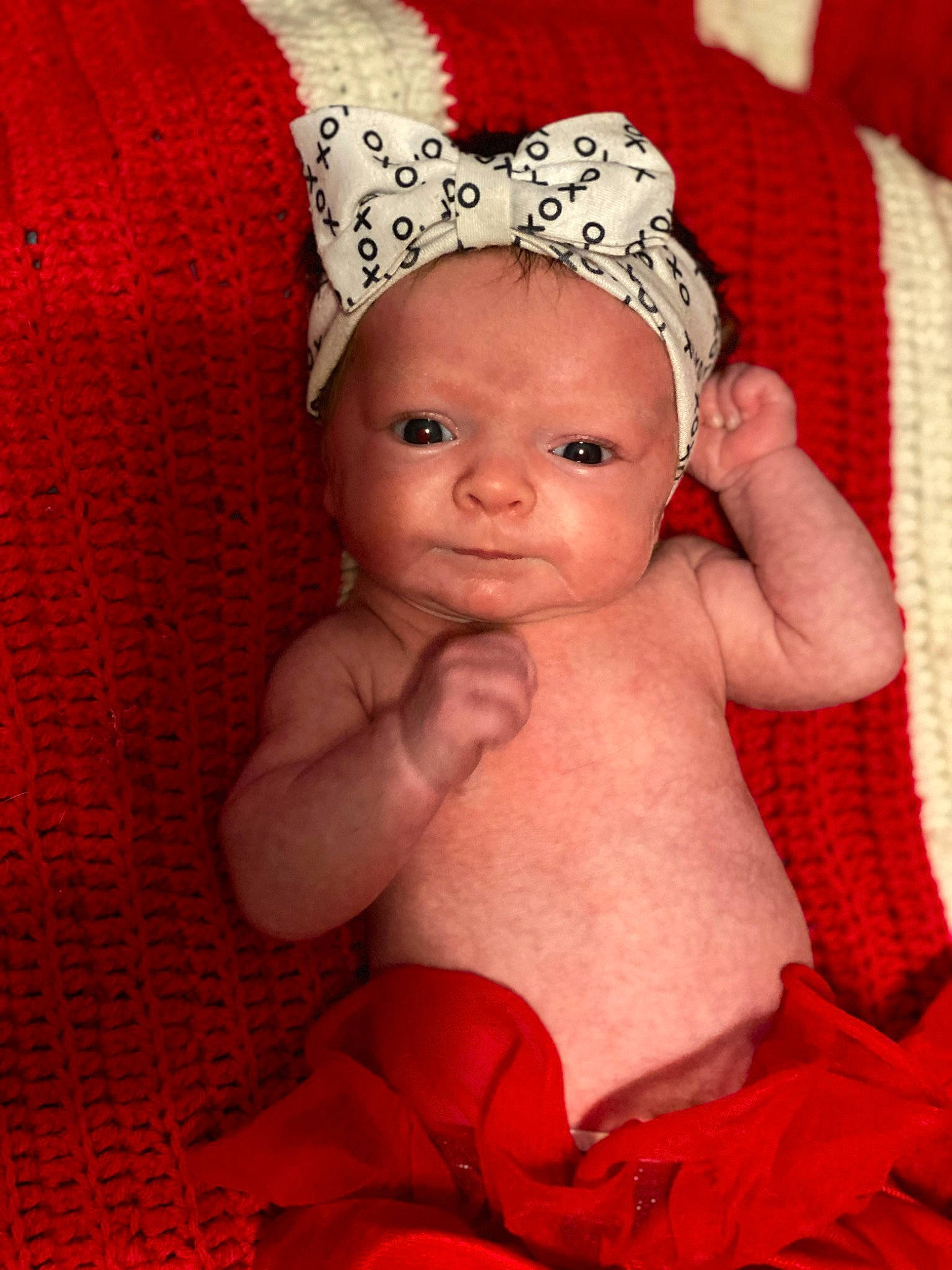 Jacqueline joined the competition — help win amazing prizes! arm, baby, baby_toddler_clothing, cap, child, costume_hat, eye, finger, happy, headband, headgear, headpiece, linens, lip, magenta, person, pink, red, skin, thumb