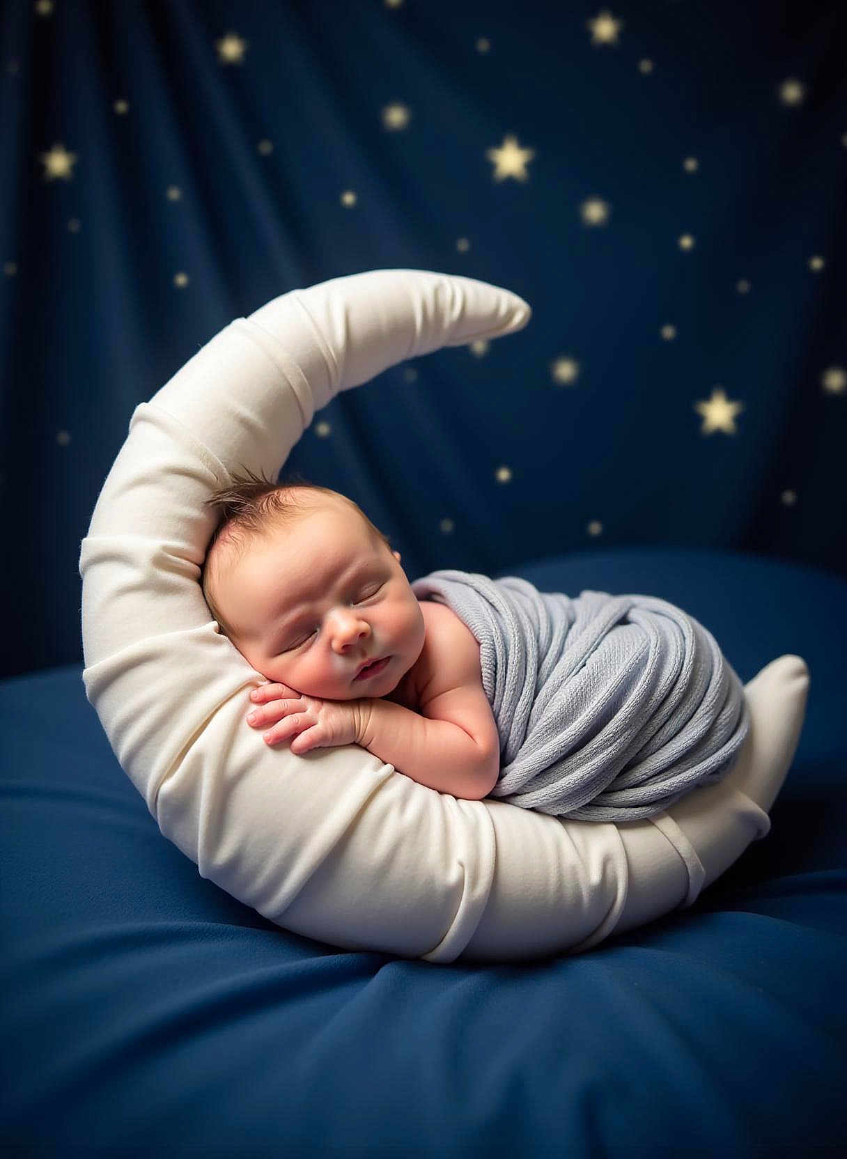 Joshua Jr joined the competition — help win amazing prizes! baby, sleeping, blanket, crescent_moon, pillow, stars, night, blue, soft, cute, newborn, peaceful, wrapped, infant, portrait, child, resting, cozy, background, studio