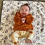 Alva joined the competition — help win amazing prizes! baby, infant, smile, happy, orange_sweater, plaid_pants, blanket, mushroom_pattern, lying_down, hands_clasped, cute, child, indoors, carpet, foot, head, person, cozy, playful, portrait