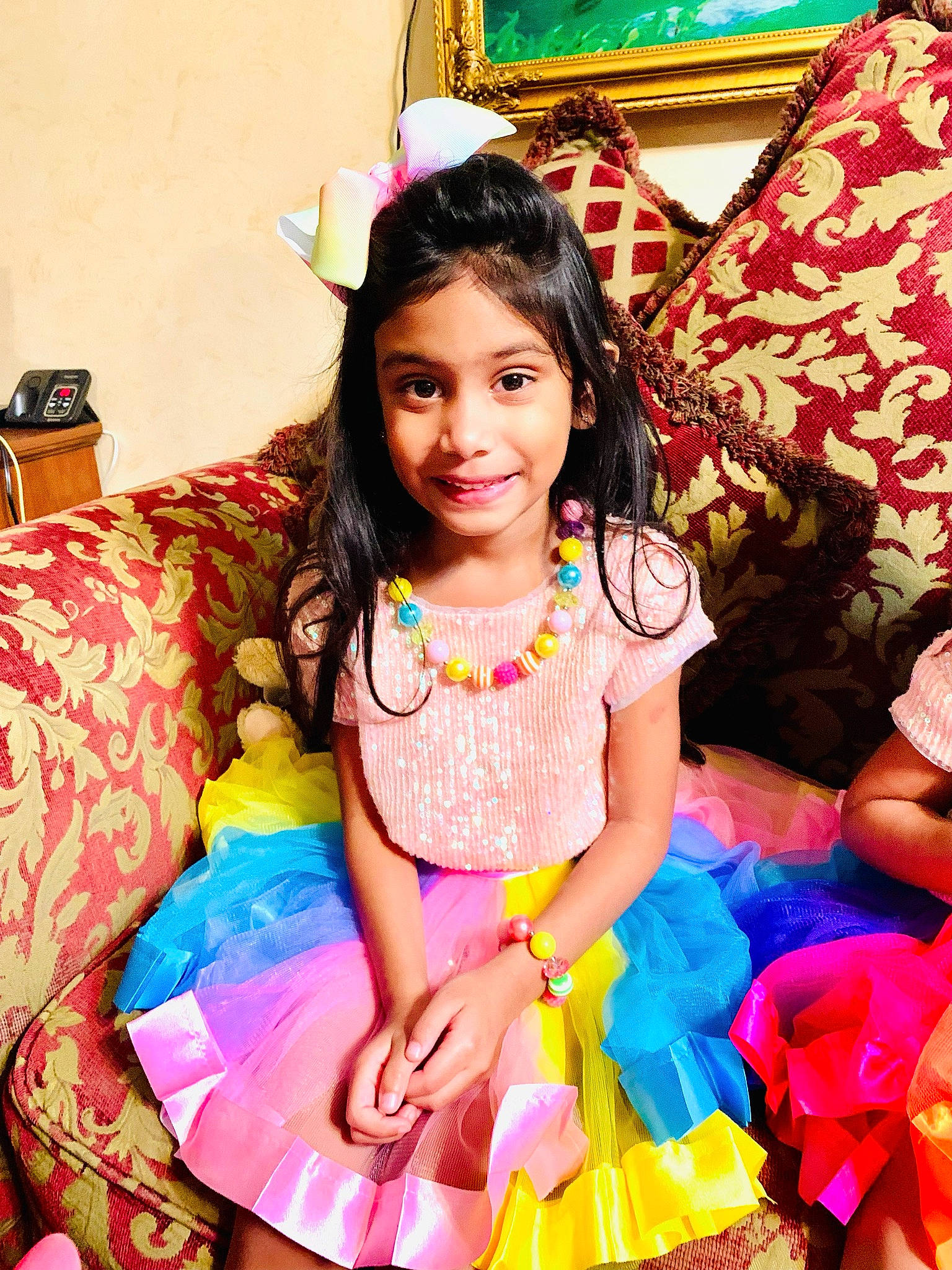 Avni joined the competition — help win amazing prizes! baby_toddler_clothing, beauty, child, event, fashion_accessory, fashion_design, fun, green, happy, joy, leisure, magenta, pattern, person, pink, red, ruffle, smile, textile, thigh
