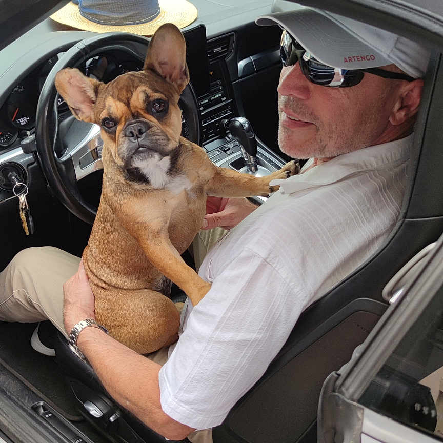 Seve Tataryn participe au concours pour gagner de l'argent avec cette photo : animal, car, casual, clothing, convertible, dashboard, dog, french_bulldog, hat, keys, man, outdoor, pet, seat, smile, steering_wheel, street, sunglasses, sunny, window