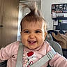 Emilie a rejoint le concours — aidez-le/la à gagner de superbes lots ! baby, cheerful, child, child_seat, cute, expression, face, funny_hair, hair, happy, high_chair, home, indoors, infant, person, pink_sweater, portrait, smile, straps, teeth