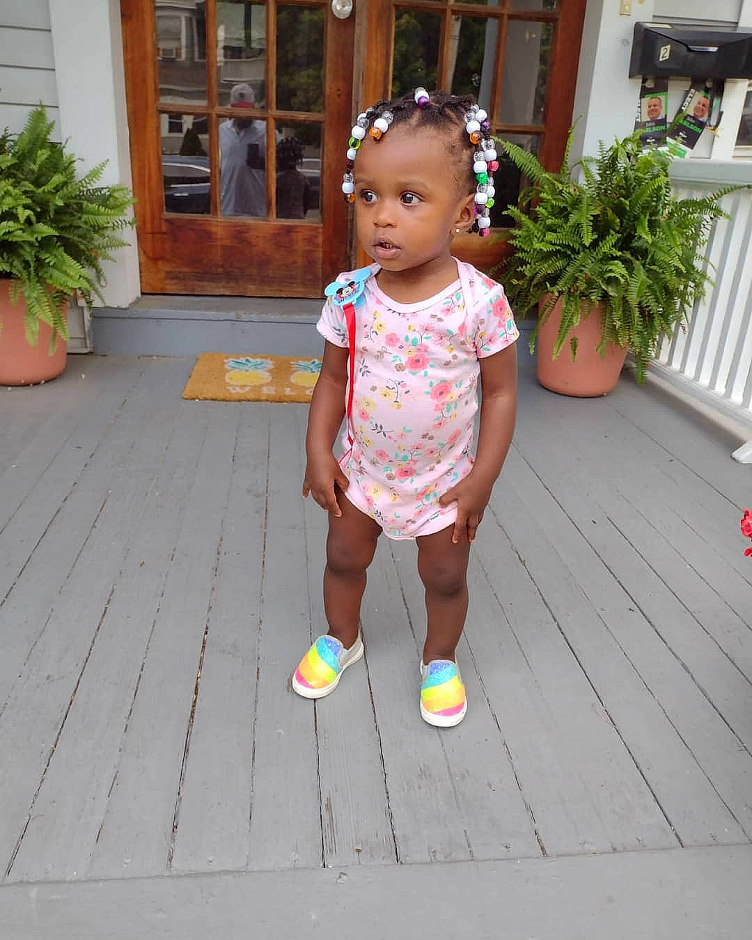 Korryn is registered to the contest to win money with this photo: baby, baby_toddler_clothing, child, door, floor, flooring, flowerpot, fun, grass, hardwood, house, houseplant, human_leg, leisure, pattern, person, plant, t_shirt, thigh, toddler