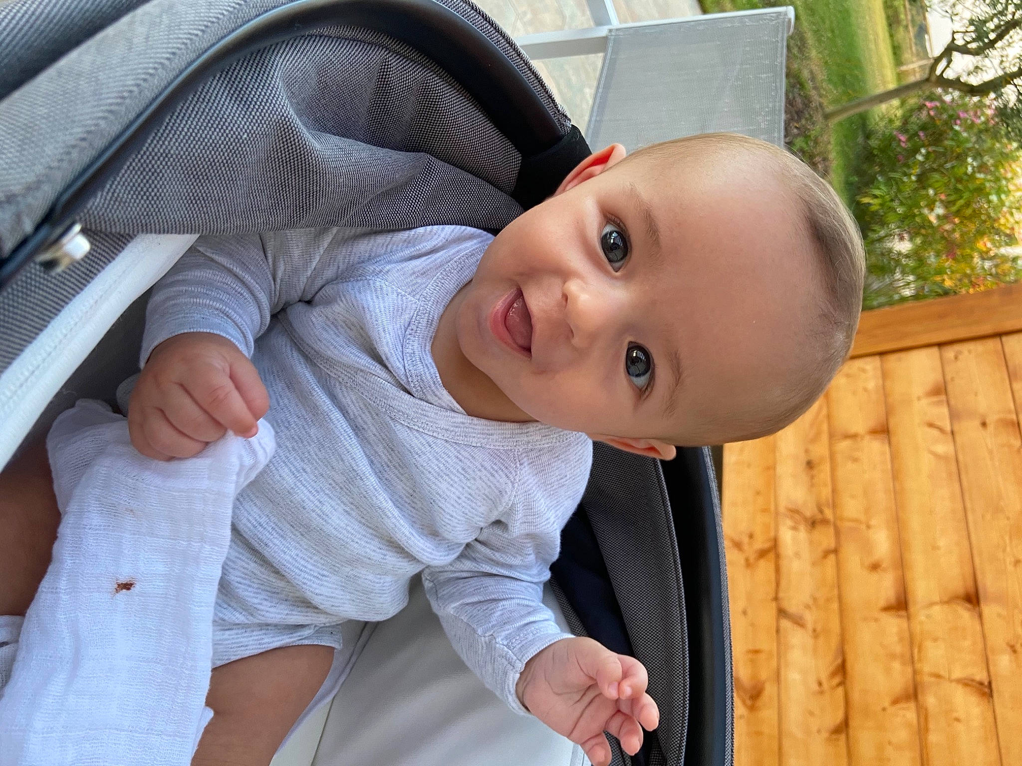 Nolan participe au concours pour gagner de l'argent avec cette photo : baby, baby_products, baby_toddler_clothing, child, comfort, eye, fun, gesture, grass, happy, mouth, person, sitting, skin, sleeve, smile, thumb, toddler, tree, window