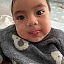 baby, child, face, tongue, sweater, grey, white, pattern, indoor, home, cozy, cute, expression, curious, closeup, person, infant, young, warm, playful