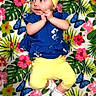 Evelynne joined the competition — help win amazing prizes! adorable, baby, blue_top, bow, butterfly_pattern, child, chubby_cheeks, closeup, colorful, cozy, floral_blanket, hands_together, headband, infant, looking_up, lying_down, patterned_background, portrait, socks, yellow_pants