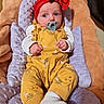Evelynne joined the competition — help win amazing prizes! baby, baby_seat, blanket, bow, clothing, cozy, cute, floral_pattern, hands, headwrap, indoor, infant, onesie, pacifier, plush, portrait, socks, soft_texture, wide_eyes, yellow_overalls