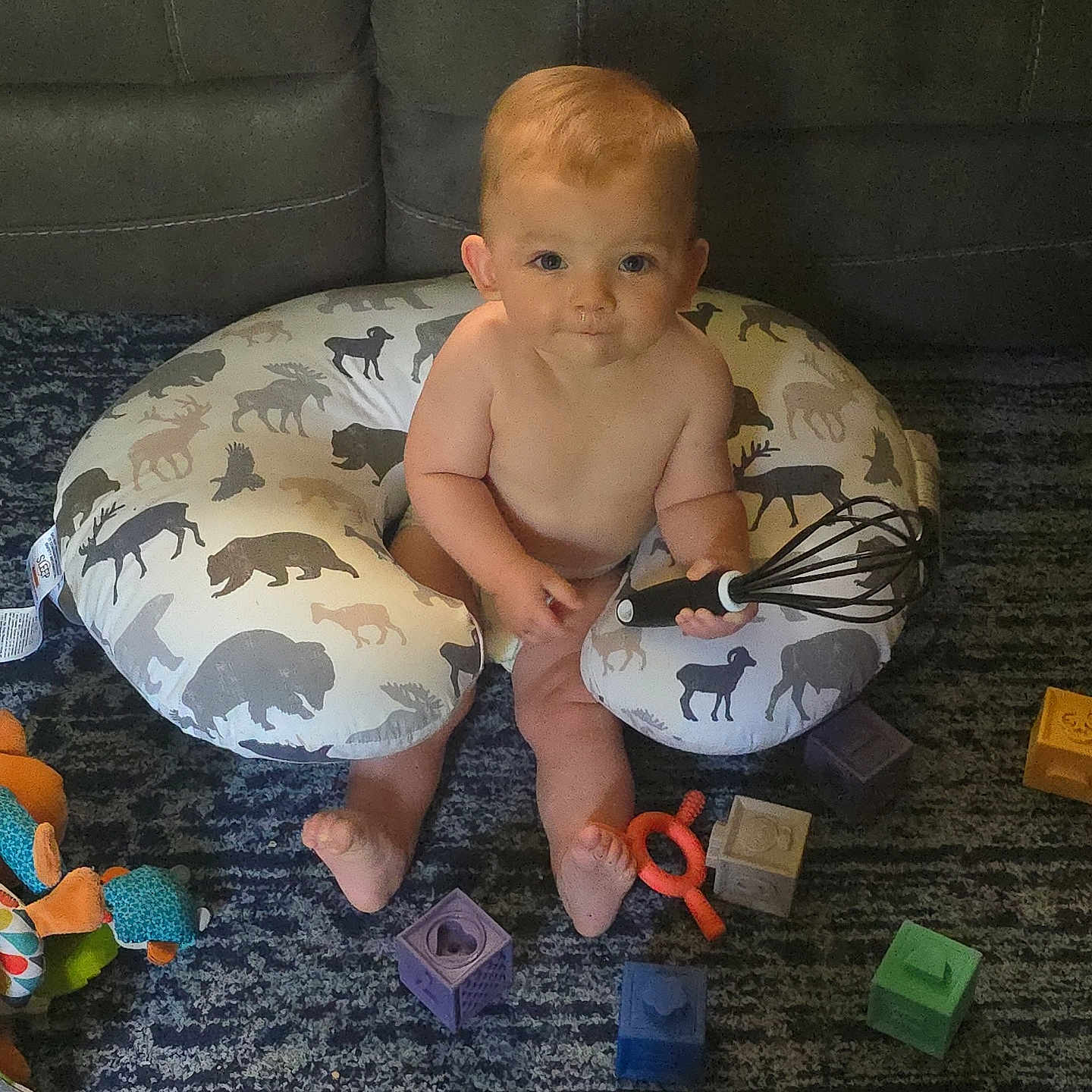 Kannon joined the competition — help win amazing prizes! baby, child, whisk, toy, blocks, pillow, animal_pattern, carpet, couch, indoor, floor, playing, cute, infant, sitting, young_child, colorful, soft_toys, home, fun
