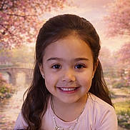 Ishani is registered to the contest to win money with this photo: child, girl, smiling, portrait, long_hair, earrings, necklace, pink_shirt, outdoor, spring, flowers, cherry_blossoms, river, bridge, nature, scenic, happy, face, young, cute