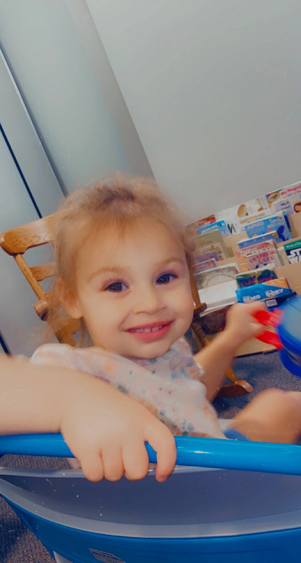 Ella joined the competition — help win amazing prizes! baby, baby_products, blue, chair, child, electric_blue, finger, fun, happy, joy, leisure, muscle, person, play, recreation, room, sitting, skin, smile, thigh