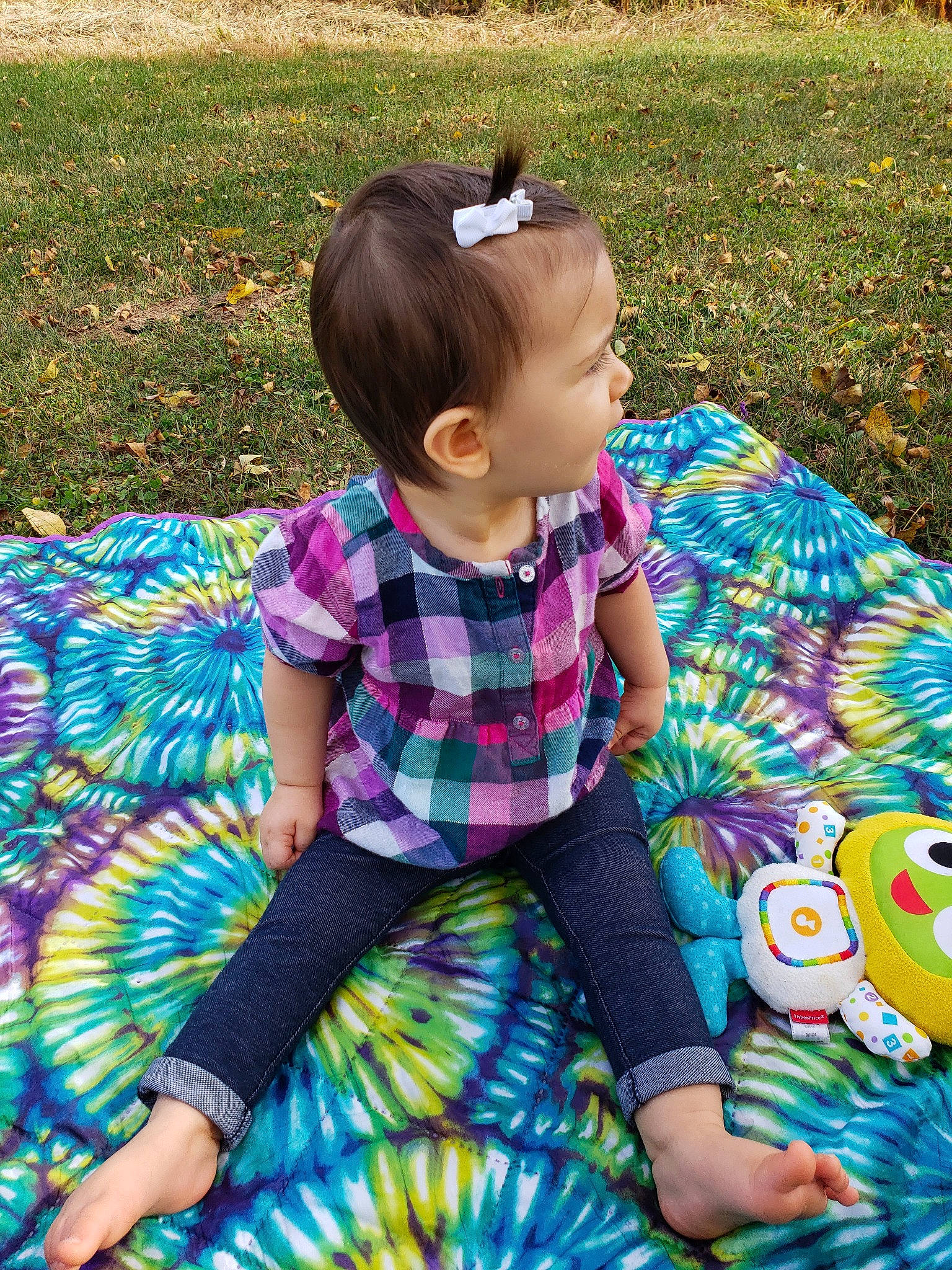Emily-rose joined the competition — help win amazing prizes! baby, baby_toddler_clothing, child, design, grass, pattern, person, plaid, play, recreation, textile, toddler