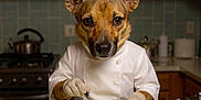 Adub joined the competition — help win amazing prizes! dog, chef_hat, chef_coat, cake, kitchen, countertop, fork, gloves, oven, stove, teapot, rolls, tiles, cabinets, utensils, baking, portrait, brown_fur, ears, eyes