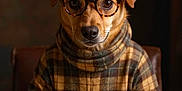 Peanut is registered to the contest to win money with this photo: dog, glasses, book, plaid_sweater, reading, portrait, paw, indoor, warm_lighting, brown, table, turtleneck, pet, mammal, eyewear, cozy, intellectual, animal, studio, seated