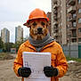 dog, canine, construction_worker, hard_hat, orange_jacket, blueprint, gloves, scarf, construction_site, buildings, apartment_building, urban, portrait, animal_portrait, worker, outdoors, cityscape, cute, helmet, holding_papers