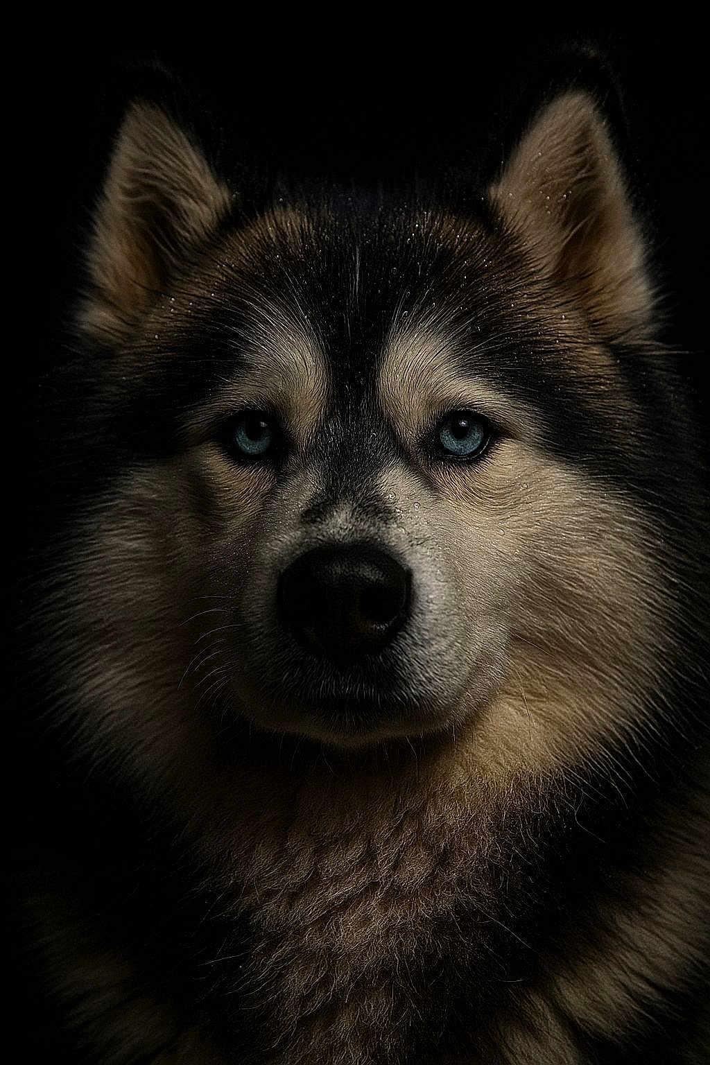 Joyce a rejoint le concours — aidez-le/la à gagner de superbes lots ! dog, husky, blue_eyes, portrait, close_up, animal, fur, canine, face, muzzle, ears, black_background, intense_gaze, pet, wildlife, looking_at_camera, fluffy, dark, moody, expression