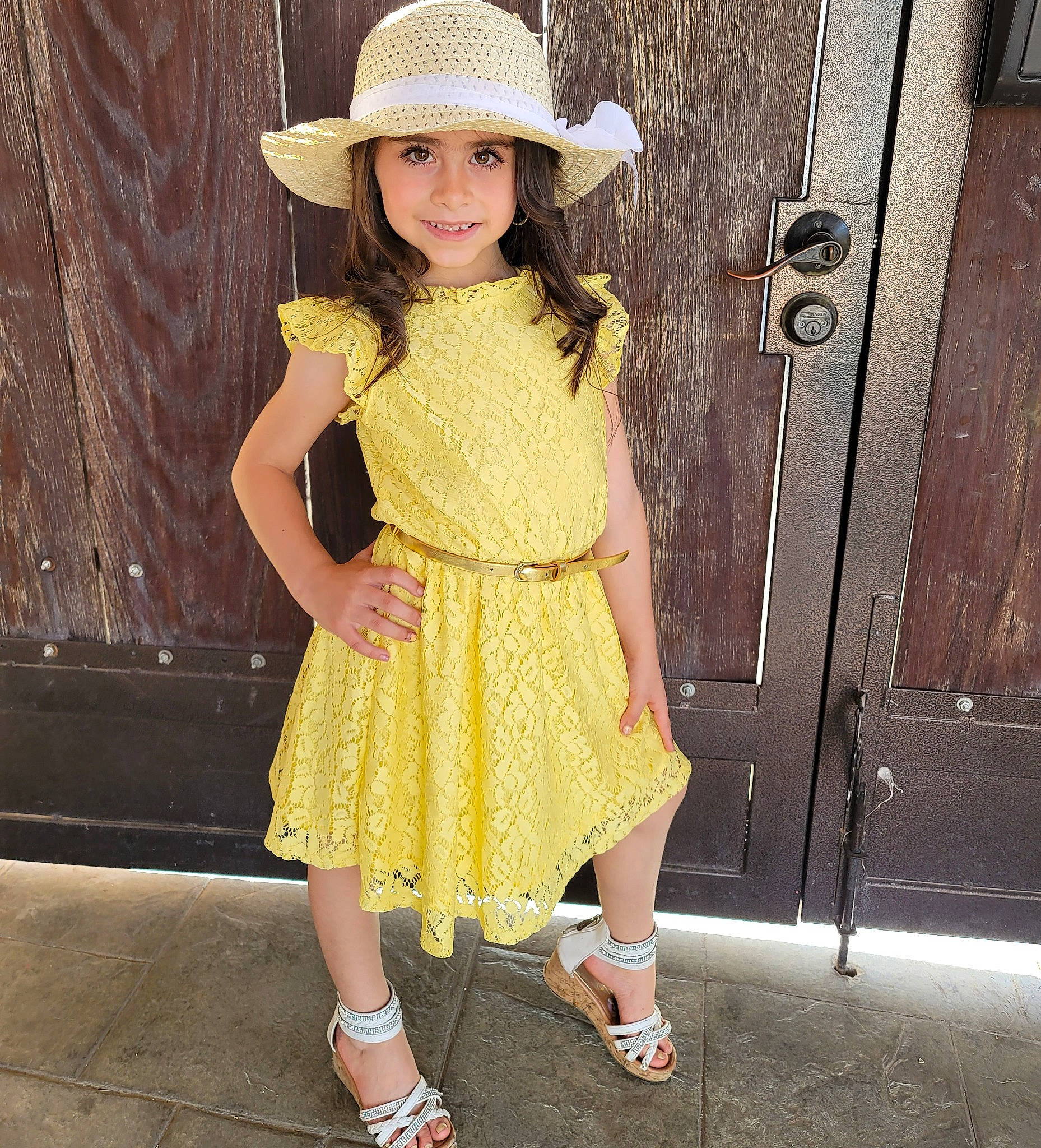 Valery is registered to the contest to win money with this photo: cool, cowboy_hat, day_dress, door, dress, fashion_design, fawn, happy, hat, headgear, headwear, joy, one_piece_garment, pattern, person, pink, sandal, shoe, sleeve, street_fashion