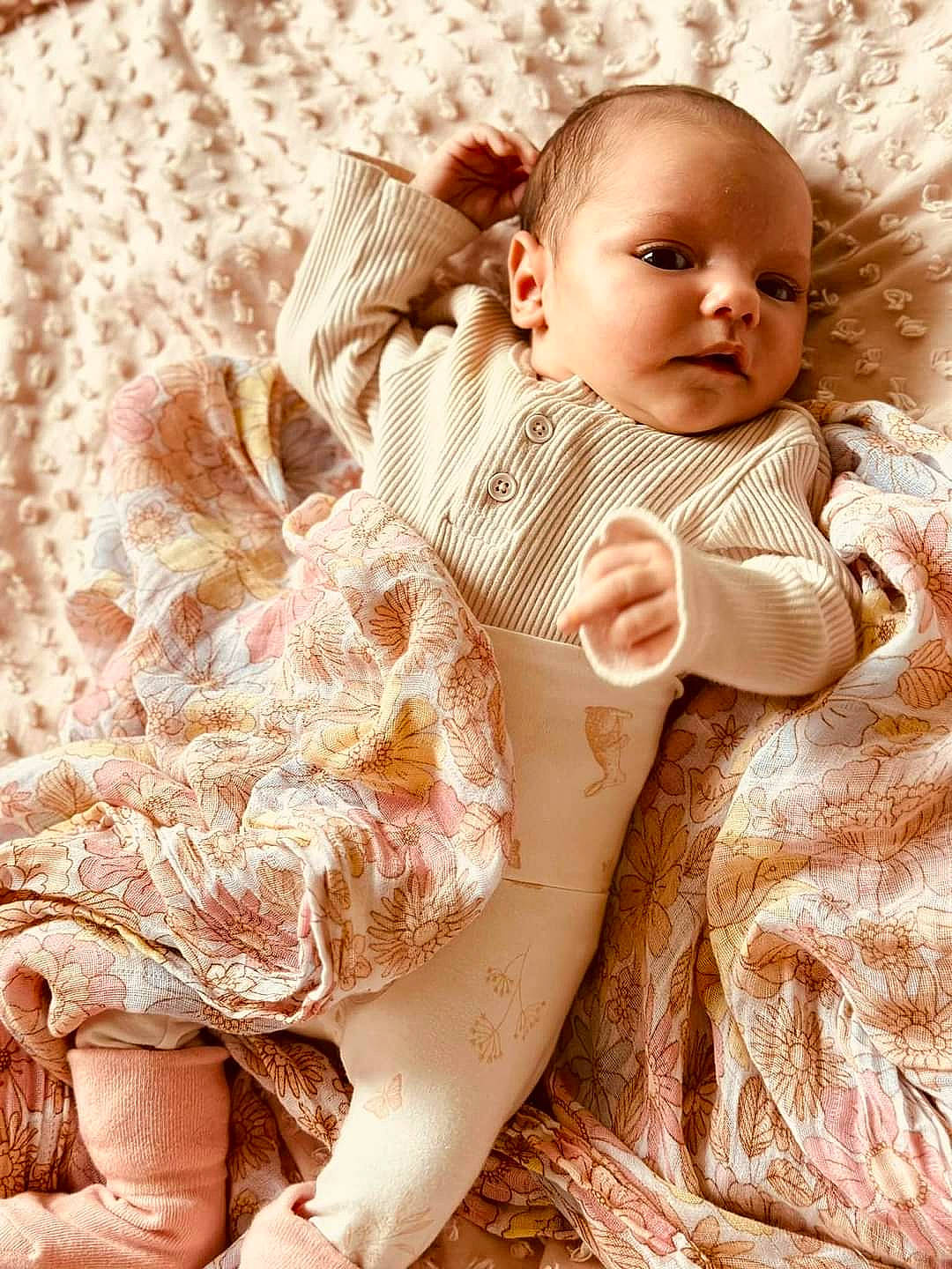 Nilah joined the competition — help win amazing prizes! baby, baby_toddler_clothing, child, collar, comfort, fashion_accessory, fashion_design, fur, fur_clothing, happy, head, linens, outerwear, pattern, peach, person, sitting, skin, sleeve, textile