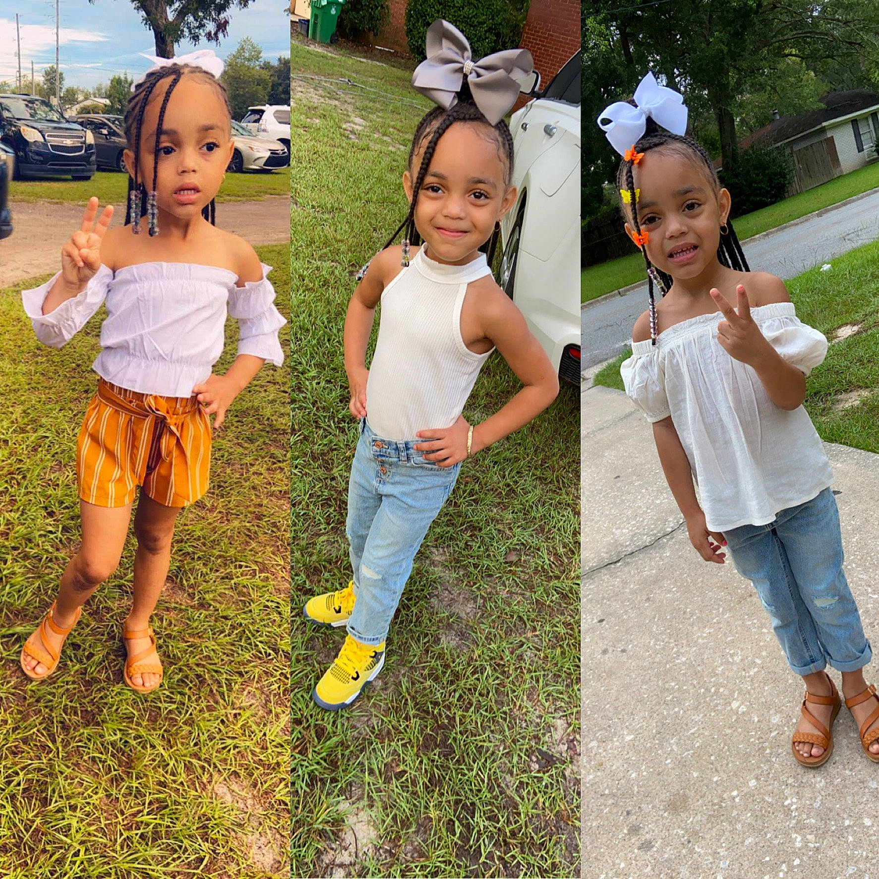 Caylani is registered to the contest to win money with this photo: event, friendship, fun, gesture, grass, happy, head, interaction, jeans, joy, lawn, leisure, people_in_nature, person, plant, recreation, sandal, smile, toddler, tree