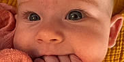 Nora joined the competition — help win amazing prizes! baby, infant, close_up, face, hand, fingers, pink_clothing, yellow_background, skin, chewing, cute, child, portrait, expression, eyes, person, soft_texture, warm_colors, newborn, head