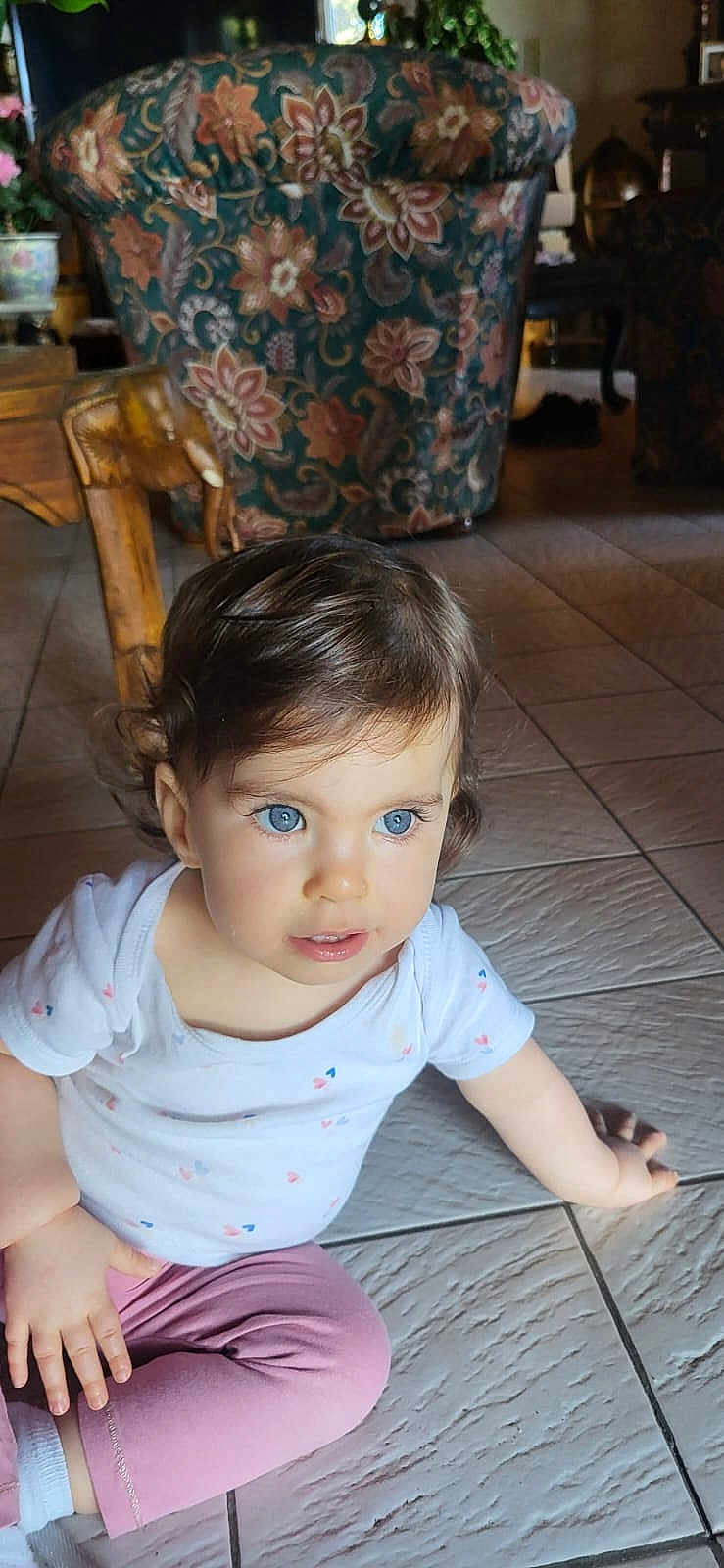 Mia participe au concours pour gagner de l'argent avec cette photo : toddler, child, blue_eyes, curly_hair, white_shirt, pink_leggings, sitting, floor_tiles, indoor, armchair, floral_pattern, wooden_chair, home, portrait, cute, young_child, person, natural_light, happy, casual_clothing