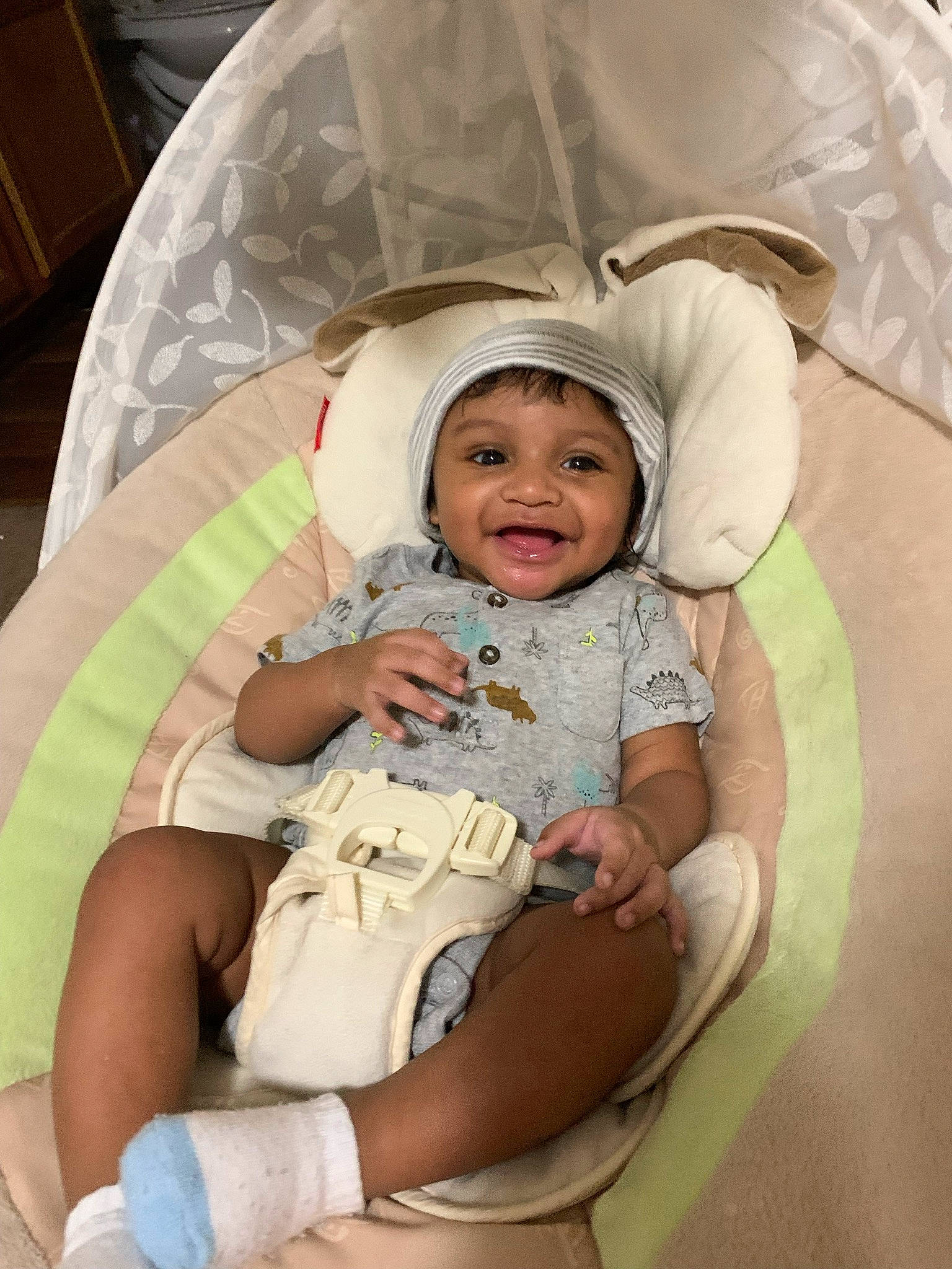 Caiden joined the competition — help win amazing prizes! baby, baby_products, baby_toddler_clothing, chair, child, comfort, event, fashion_accessory, fun, happy, headwear, human_leg, joy, lap, leg, person, room, sitting, skin, smile