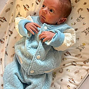 Ezio participe au concours pour gagner de l'argent avec cette photo : baby, infant, child, blue_clothing, quilted_outfit, blanket, animal_pattern, woodland_animals, soft_texture, cute, newborn, lying_down, small_hands, curious_gaze, indoors, cozy, warm, portrait, closeup, comfortable