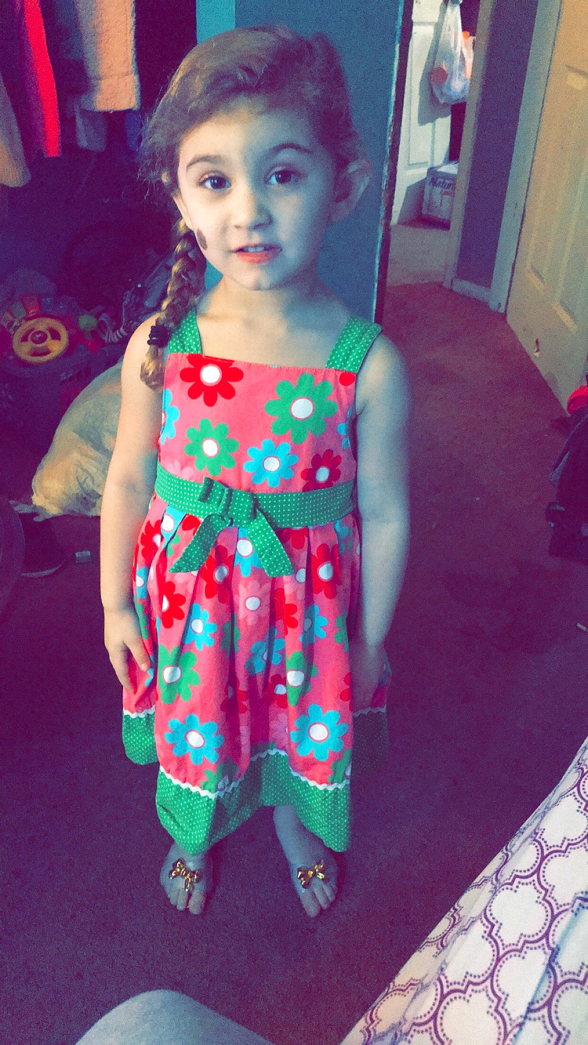 Kiera is registered to the contest to win money with this photo: baby_toddler_clothing, beauty, day_dress, dress, face, fashion_design, formal_wear, hairstyle, happy, head, magenta, neck, one_piece_garment, person, pink, purple, skin, sleeve, textile, toddler