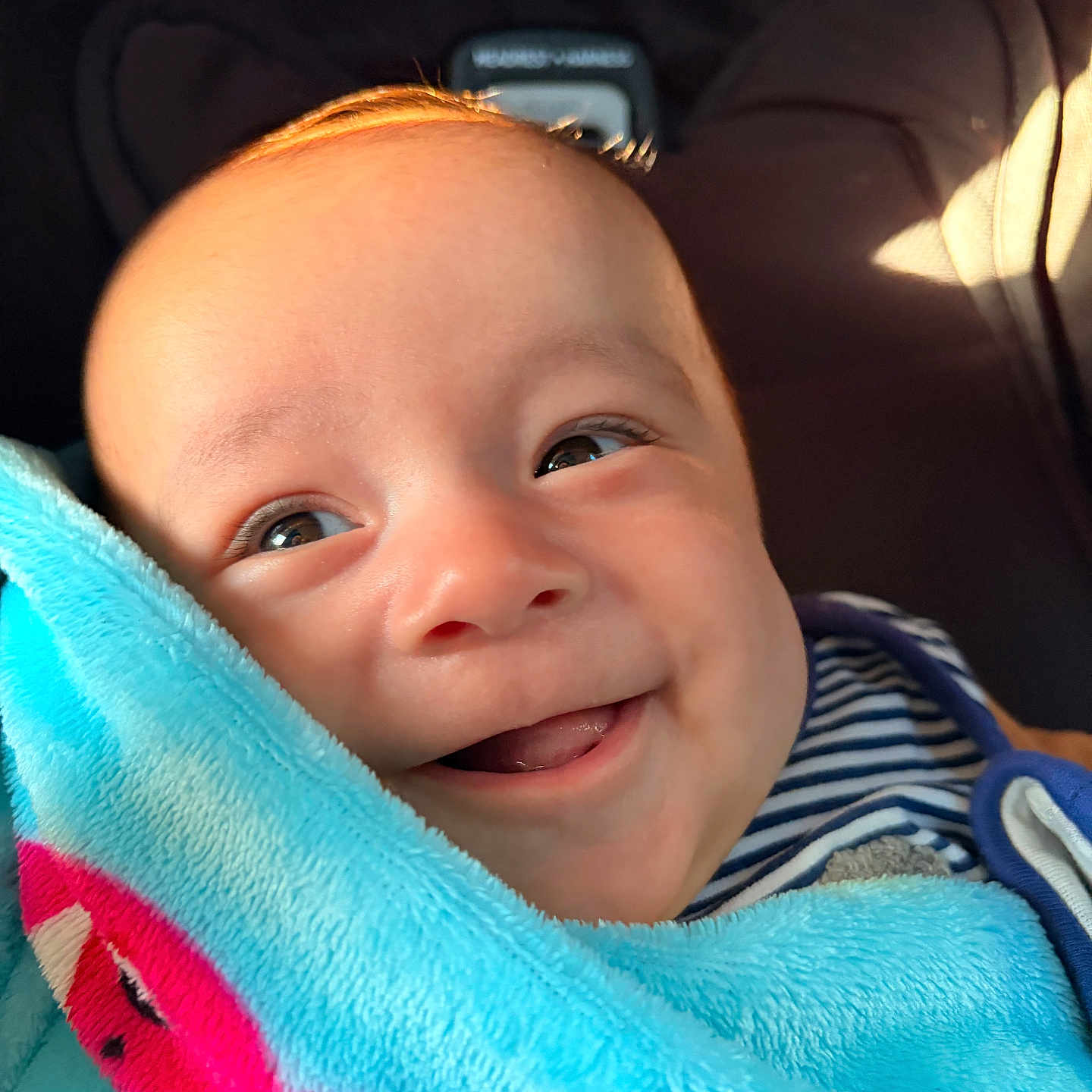 Francisco is registered to the contest to win money with this photo: baby, smile, blanket, blue_blanket, pink_fish, face, closeup, infant, happy, child, striped_clothing, eyes, mouth, skin, head, warm_light, cute, expression, young, portrait