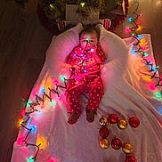 Chloe joined the competition — help win amazing prizes! baby, christmas_tree, christmas_lights, blanket, floor, ornaments, red_pajamas, polka_dots, holiday, festive, indoor, child, toy, decorations, soft_lighting, wooden_floor, feet, face, cute, toddler