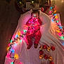 baby, christmas_tree, christmas_lights, blanket, floor, ornaments, red_pajamas, polka_dots, holiday, festive, indoor, child, toy, decorations, soft_lighting, wooden_floor, feet, face, cute, toddler