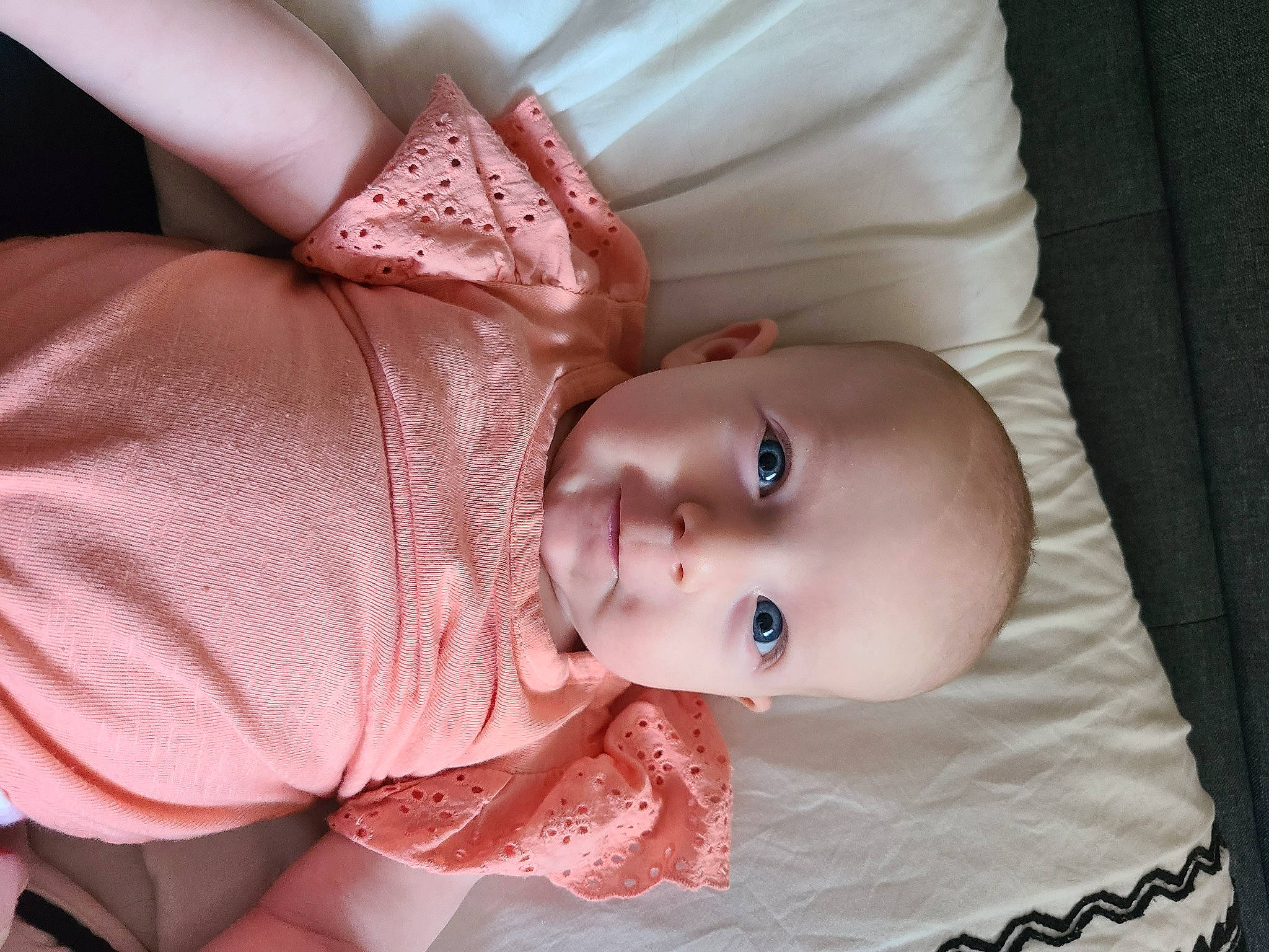 Scarlett Grace is registered to the contest to win money with this photo: baby, baby_products, baby_toddler_clothing, cheek, comfort, eye, eyebrow, eyelash, finger, headgear, iris, linens, lip, mouth, nose, person, pink, skin, sleeve, smile