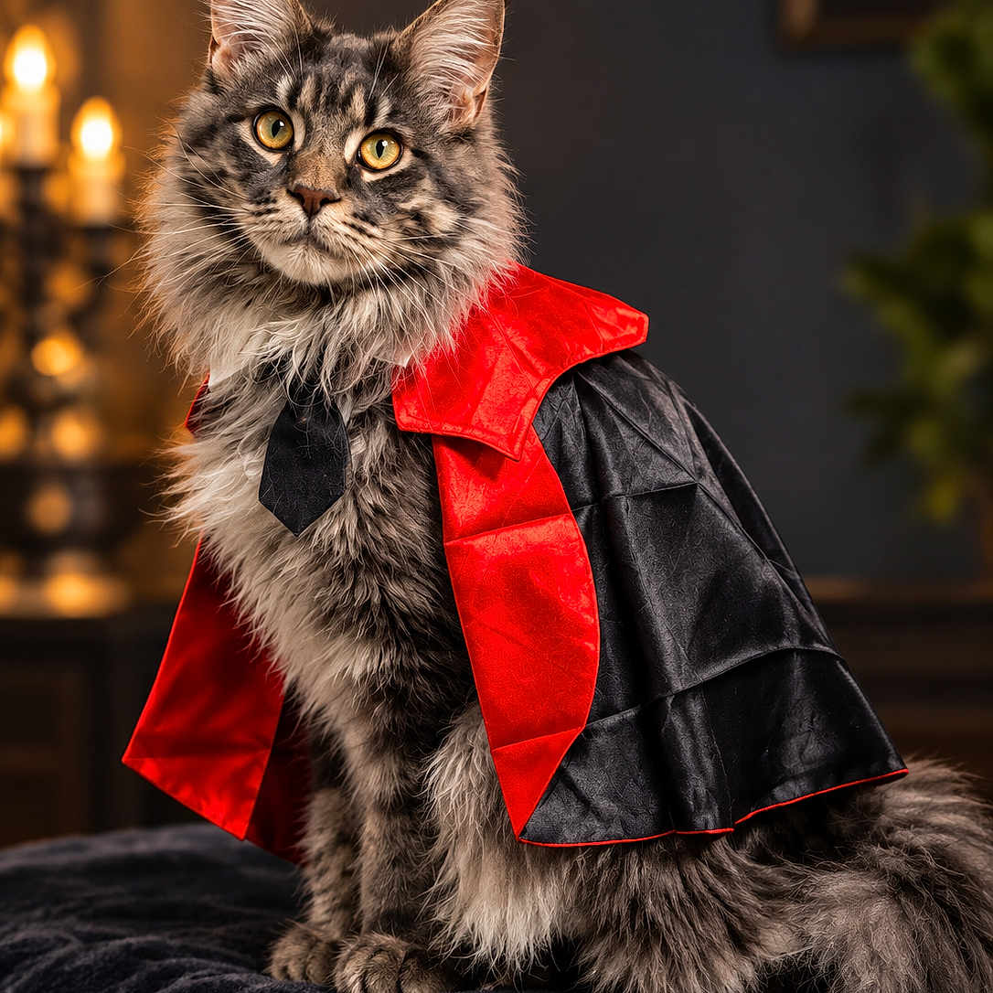 Harry Caray is registered to the contest to win money with this photo: cat, maine_coon, long-haired, fluffy, feline, pet, costume, cape, red_collar, black_clothing, tie, golden_eyes, portrait, indoor, candlelight, dramatic_lighting, sitting, bed, cozy, superhero
