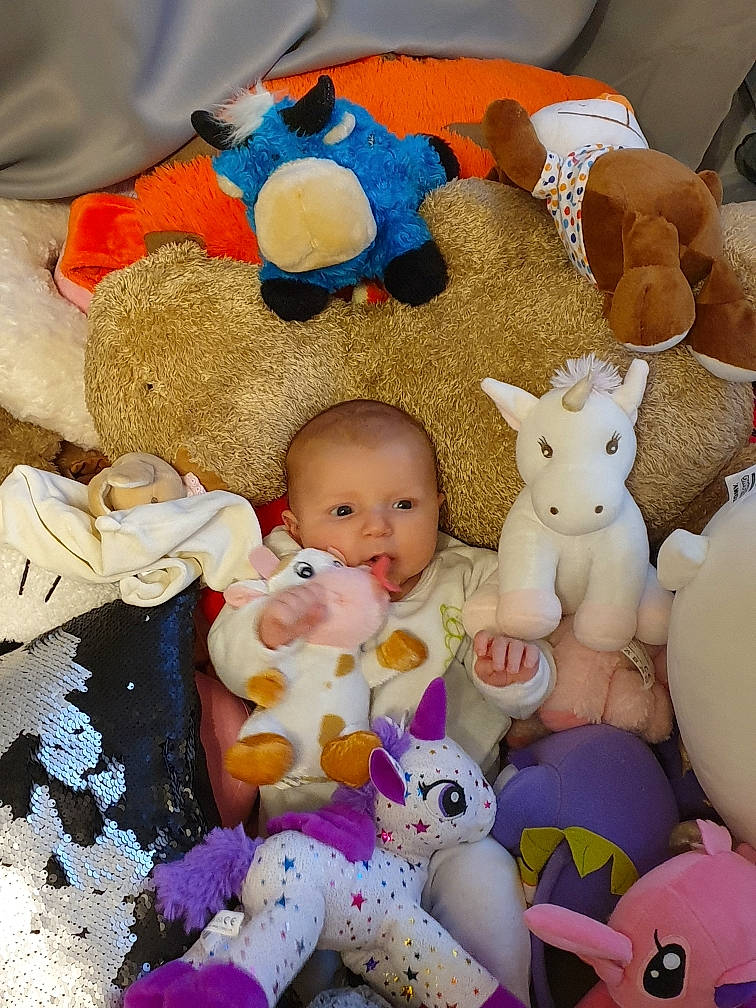 Eden a rejoint le concours — aidez-le/la à gagner de superbes lots ! baby, baby_products, baby_toddler_clothing, baby_toys, cheek, child, collectable, collection, event, happy, pattern, person, plush, room, stuffed_toy, teddy_bear, textile, toddler, toy, white