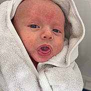 Noble joined the competition — help win amazing prizes! baby, infant, towel, white_towel, hooded_towel, wrapped, closeup, face, mouth_open, blue_eyes, skin, newborn, portrait, indoor, soft_texture, cute, child, person, fresh, clean