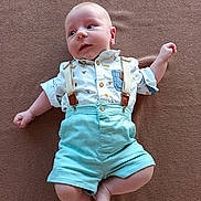 Eliott participe au concours pour gagner de l'argent avec cette photo : baby, infant, child, shirt, suspenders, shorts, blanket, lying_down, curious, cute, skin, foot, hand, face, expression, clothing, indoors, texture, portrait, newborn