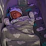 baby, newborn, sleeping, blanket, crib, hat, bedding, elephant_pattern, cloud_pattern, infant, cozy, child, nursery, resting, indoors, soft_lighting, cute, wrapped, peaceful, bed