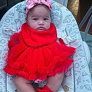 Catalina joined the competition — help win amazing prizes! baby, infant, red_dress, headband, pink_bow, baby_chair, space_theme, socks, indoor, curious_expression, child, cute, portrait, seated, clothing, person, decor, floor, wooden_floor, comfort
