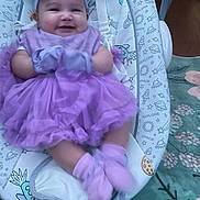 Catalina joined the competition — help win amazing prizes! baby, baby_seat, carpet, child, cozy, cute, hand, happy, headband, indoor, infant, mittens, pattern, person, purple_dress, seat, smiling, socks, space_theme, tutu
